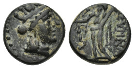 Phrygia, Synnada. AE (13mm, 3.15 g), 133-0 BC. Turreted head of Tyche right / ΣYNNA ΔEΩN, Zeus standing, holding thunderbolt? and staff.