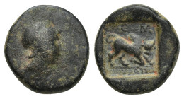 Phrygia, Kibyra Æ (12mm, 2.00 g) Late 2nd-1st century BC. Male head to right, wearing crested helmet / Humped bull butting to right, with head facing;...