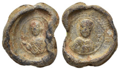 Byzantine Lead Seal (16mm, 8.41 g) Obv: Facing bust of the Virgin Mary, orans. Rev: Facing bust of St. Nikolaos, raising hand in benediction and holdi...
