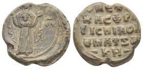BYZANTINE LEAD SEAL. (21mm, 9.14 g) Obv: MP - ΘV. The Theotokos (Virgin Mary) standing facing on dais, orans; nimbate head of christ on breast. Rev: L...