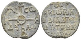 Byzantine Lead Seal (23mm, 9.10 g) Obv: Cruciform monogram. Rev: Legend five lines.