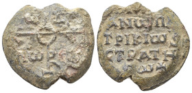 BYZANTINE LEAD SEALS. Marianos, patrikios and strategos (8th century). (27mm, 21.65 g) Obv: Cruciform invocative monogram: Θεοτοκε βοηθει ; Tω ΔŎ / Λω...