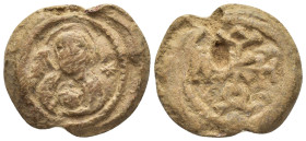 Byzantine Lead Seal (22mm, 15.13 g) Obv: Nimbate bust of the Virgin Mary, facing, between two crosses, holding a medallion of a facing head of Christ ...
