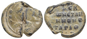 Byzantine Lead Seal (22mm, 5.62 g) Obv: Facing bust of St. Nicholas, holding Gospels and raising hand in benediction. Rev: Legend in four lines.