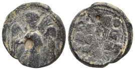 Byzantine Lead Seal (21mm, 7.14 g) Obv: Angel standing facing. Rev: Legend four lines.
