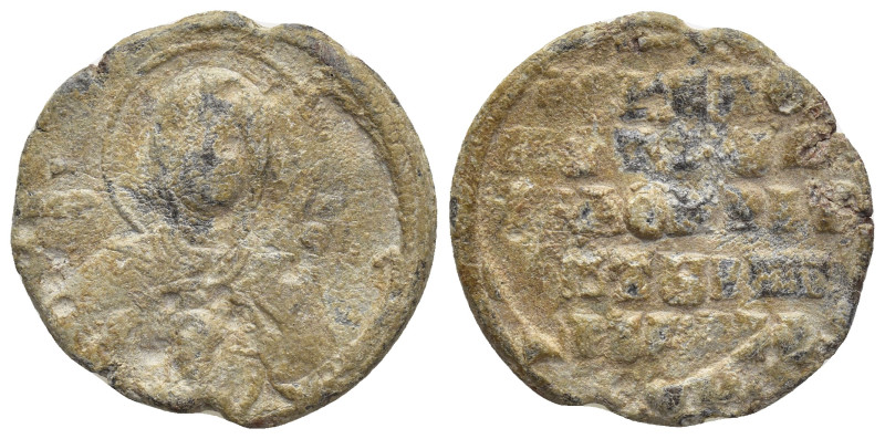Byzantine Lead Seal (24mm, 5.96 g) Obv: Nimbate bust of the Virgin Mary, facing,...