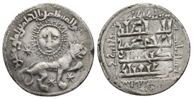 Seljuks of Rum, Ghiyath al-Din Kay Khusraw II AR Dirham. (23mm, 2.80 g) Lion advancing to right, three stars around; above personification of sun / Na...