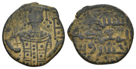 Seljuks. Rum. Rukn al-Dīn Mas'ūd (AH 501-551 / 1116-1156 AD). Ae Fals. (18mm, 3.14 g) Obv: Crowned half-length Byzantine-style bust facing, holding gl...
