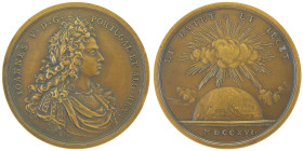 Joao V 1706-1750
Médaille en Bronze, 1716, AE 164 g. 71 mm
par Roeg sur la tranche BRONZE
Avers: Buste lauré, drapé et cuirassé à droite. Revers : ET ...