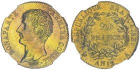 Premier Consul 1799-1804
20 Francs, Paris, AN 12 A,
AU 6.45 g.
Ref : G. 1020, Fr. 480 Conservation : NGC MS 62. Magnifique et rare en MS