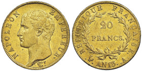 Premier Empire 1804-1814
20 Francs, Paris, AN 13 A, AU 6.45 g. Ref : G.1022, Fr. 488
Conservation : NGC AU 55