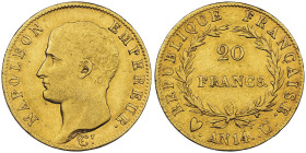 Premier Empire 1804-1814
20 Francs, Turin, AN 14 U, AU 6.45 g.
Ref : G. 1022, Pag. 16, Fr. 490 Conservation : NGC XF 40 Quantité : 1755 exemplaires. T...