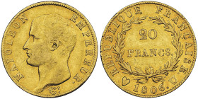 Premier Empire 1804-1814
20 Francs, Turin 1806 U, AU 6.45 g.
Ref : G. 1023, Fr. 490 Conservation : NGC XF 45