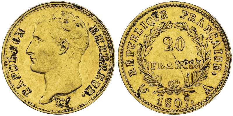 Premier Empire 1804-1814
20 Francs, Paris, 1807 A, AU 6.45 g.
Ref : G.1023a Fr. ...