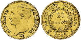 Premier Empire 1804-1814
20 Francs, Paris, 1807 A, AU 6.45 g.
Ref : G.1023a Fr. 487a type transitoire
Conservation : NGC AU 50