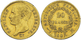 Premier Empire 1804-1814 20 francs, Toulouse, 1807 M, AU 6.44 g.
Ref : G.1023a, Fr. 492 Conservation : NGC XF 40 Quantité : 5296 ex. Rare