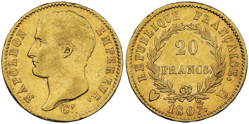 Premier Empire 1804-1814 20 Francs, Turin, 1807 U, AU 6.42 g.
Ref : G.1023a, Fr....