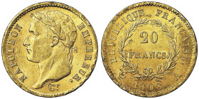 Premier Empire 1804-1814 20 Francs, Paris, 1808 A, AU 6.45 g.
Ref : G. 1024, Fr. 499 Conservation : NGC MS 61