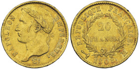 Premier Empire 1804-1814 20 Francs à la corne, Toulouse, 1808 M, AU 6.45 g.
Ref : G.1024 Fr. 501
Conservation : NGC AU 50