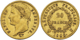 Premier Empire 1804-1814 20 Francs, Turin, 1808 U, AU 6.45 g.
Ref : G.1023a, Fr. 503 Conservation : NGC AU 50