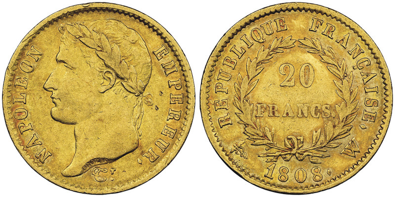Premier Empire 1804-1814 20 Francs, Lille, 1808 W, AU 6.45 g.
Ref : G.1024 FR. 5...