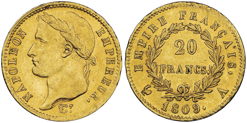 Premier Empire 1804-1814 20 Francs, Paris, 1809 A, AU 6.45 g.
Ref : G. 1025, Fr....