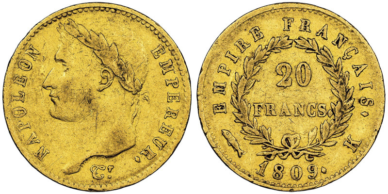 Premier Empire 1804-1814 20 Francs, Bordeaux, 1809 K, poisson, AU 6.45 g.
Ref : ...
