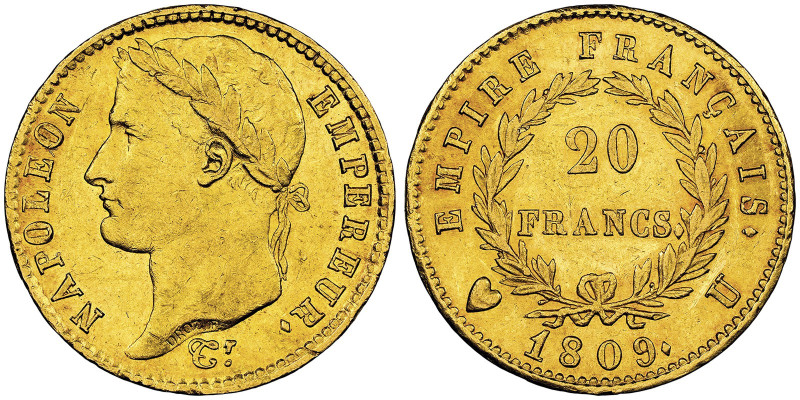 Premier Empire 1804-1814 20 Francs, Turin, 1809 U, AU 6.45 g.
Ref : G. 1025, Pag...