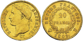 Premier Empire 1804-1814 20 Francs, Turin, 1809 U, AU 6.45 g.
Ref : G. 1025, Pag. 20, Fr. 515 Conservation : NGC AU 55