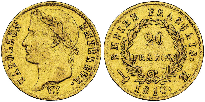 Premier Empire 1804-1814 20 Francs, Toulouse, 1810 M, AU 6.45 g.
Ref : G.1025, F...