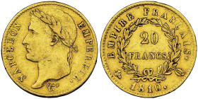 Premier Empire 1804-1814 20 Francs, Perpignan, 1810 Q, AU 6.45 g.
Ref : G.1025, Fr. 518
Conservation : NGC XF 45