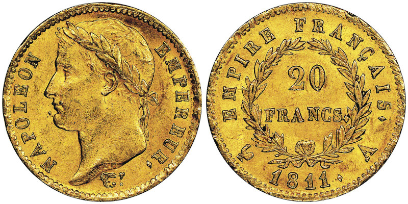 Premier Empire 1804-1814 20 Francs, Paris, 1811 A, AU 6.45 g.
Ref : G. 1025, Fr....
