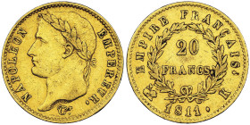 Premier Empire 1804-1814 20 Francs, Bordeaux, 1811 K, AU 6.45 g.
Ref : G.1025, Fr.513
Conservation : NGC AU 50