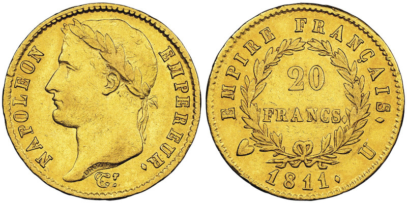 Premier Empire 1804-1814 20 Francs, Turin, 1811 U, AU 6.45 g.
Ref : G. 1025, Pag...