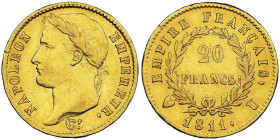 Premier Empire 1804-1814 20 Francs, Turin, 1811 U, AU 6.45 g.
Ref : G. 1025, Pag. 22, Fr. 515
Conservation : NGC AU 50