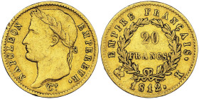 Premier Empire 1804-1814 20 Francs, Bordeaux, 1812 K, AU 6.45 g.
Ref : G. 1025, Pag. 22, Fr. 515
Conservation : NGC XF 45