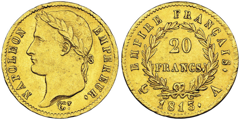 Premier Empire 1804-1814 20 Francs, Paris, 1813 A, AU 6.46 g.
Ref : G.1025, Fr. ...