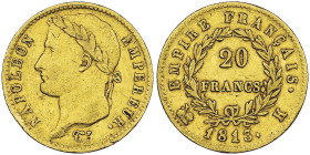 Premier Empire 1804-1814 20 Francs, Bordeaux, 1813 K, AU 6.45 g.
Ref : G.1025, Fr. 513 Conservation : NGC XF 45 Quantité : 869 exemplaires. Rarissime