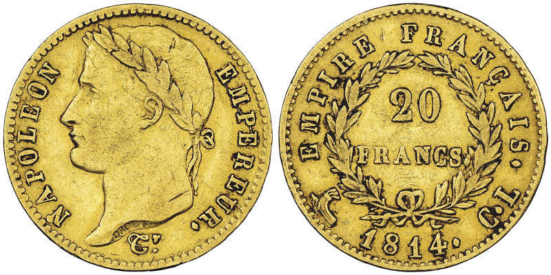 Premier Empire 1804-1814 20 Francs, Genes, 1814 CL, AU 6.42 g.
Ref : G.1025, Mon...