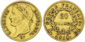 Premier Empire 1804-1814 20 Francs, Genes, 1814 CL, AU 6.42 g.
Ref : G.1025, Mont 101 (R5), Pag 24
Conservation : NGC XF 40
Quantité : 887 exemplaires...