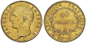 Premier Empire 1804-1814 40 Francs, Paris, AN 13 A, AU 12.9 g.
Ref : G.1081, Fr.481 Conservation : NGC AU 58