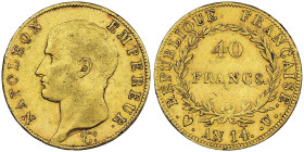 Premier Empire 1804-1814 40 Francs, Turin, AN 14 U, AU 12.9 g.
Ref : G.1081, Pag. 11, Fr. 482 Conservation : NGC XF 40. Quantité : 1199 exemplaires. T...
