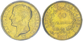 Premier Empire 1804-1814 40 Francs, Limoges, 1807 I, Frappe Médaille, AU 12.9 g.
Ref : G. 1082a, Fr. 485
Conservation : PCGS XF 40
Frappe médaille. D'...