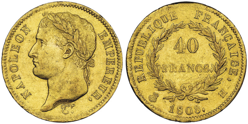 Premier Empire 1804-1814 40 Francs, La Rochelle, 1808 H, AU 12.90 g.
Ref : G. 10...