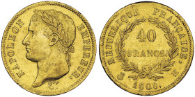 Premier Empire 1804-1814 40 Francs, La Rochelle, 1808 H, AU 12.90 g.
Ref : G. 1083, Fr. 495
Conservation : NGC AU 58