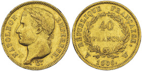 Premier Empire 1804-1814 40 Francs, Lille, 1808 W, AU 12.90 g.
Ref : G. 1083, Fr. 498 Conservation : NGC AU 55