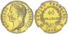 Premier Empire 1804-1814 40 Francs, Bordeaux, 1810 K, AU 12.9 g.
Ref : G.1084, Fr.509
Conservation : NGC XF 45. Quantité : 886 ex. Rare