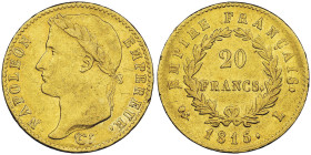 Cent-Jours, 20 mars-22 juin 1815 20 Francs, Bayonne, 1815 L, AU 6.45 g.
Ref : G.1025a, Fr.523 Conservation : NGC XF 45. Rare.