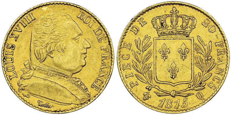 Louis XVIII 1814-1815
20 francs, Perpignan, 1815 Q, AU 6.45 g.
Ref : Gad. 1028, ...