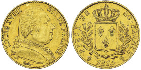 Louis XVIII 1814-1815
20 francs, Perpignan, 1815 Q, AU 6.45 g.
Ref : Gad. 1028, Fr. 529 Conservation : NGC AU 58